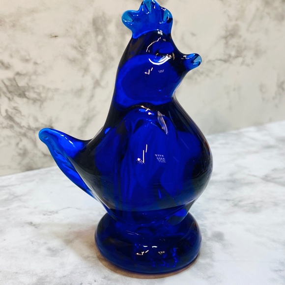 Blue Chicken Rooster Of Happiness Glass Cobalt Blue Figurine Un-Marked - Picture 3 of 8